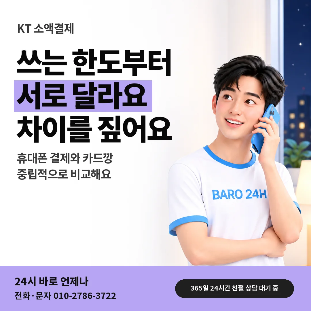 BARO 24H 티셔츠를 입은 3D 인물 옆에 「KT 카드깡과 휴대폰 결제 차이」 제목을 얹은 안내 카드