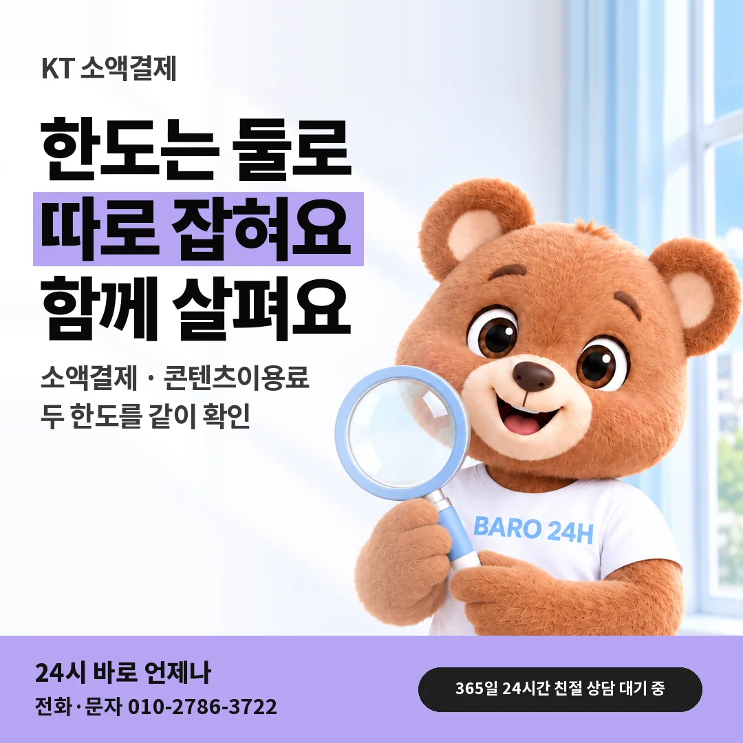 돋보기를 든 BARO 24H 티셔츠를 입은 3D 곰 캐릭터 옆에 「KT 콘텐츠이용료 한도 함께 보기」 제목을 얹은 안내 카드