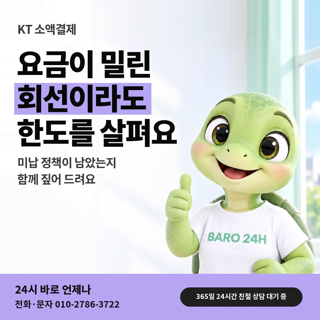 BARO 24H 티셔츠를 입은 3D 거북이 캐릭터 옆에 「KT 요금이 밀렸던 회선」 제목을 얹은 안내 카드
